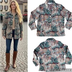 VTG Tapestry Town City Wearable Art Button Jacket Size Large Artsy With Pockets